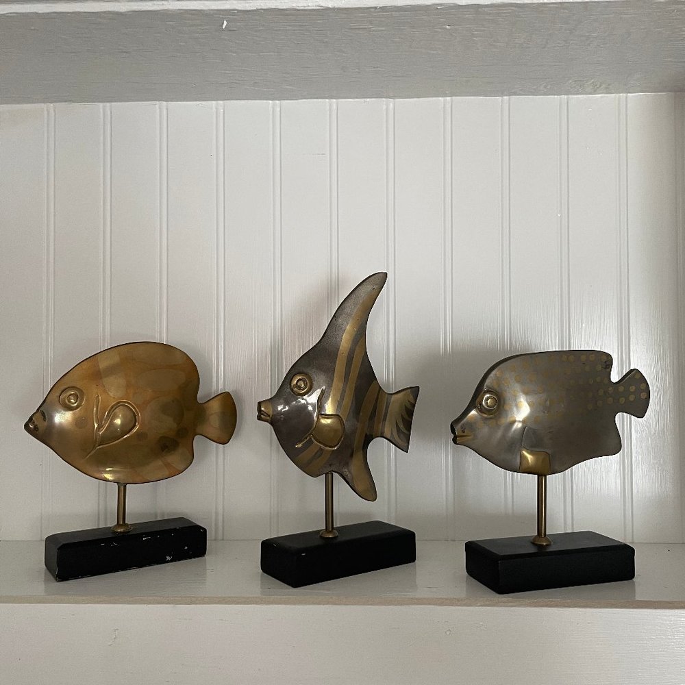 vintage brass fish trio tropical metal sculpture